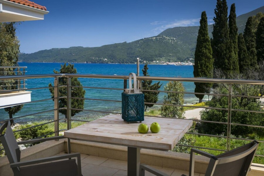 The seaviews from the balconies of Meliti Waterfront Suites, the perfect place to stay in Kefalonia for solo travelers.